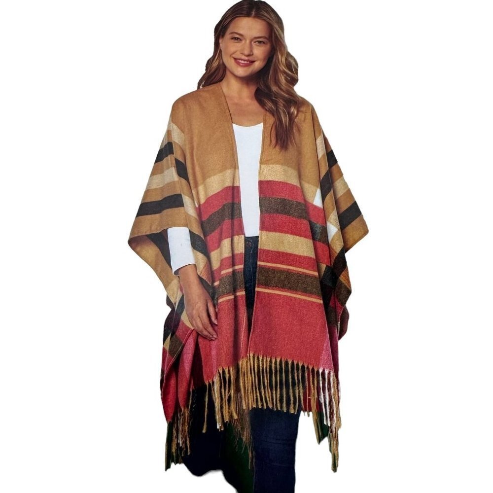 NEW/NWT Woolrich Southwest Tan/Red Stripe Fringed Cozy Blanket Wrap One Size